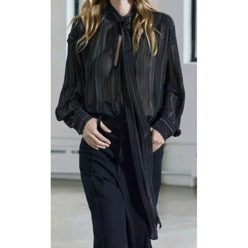 Zara ZW Collection Metallic Thread Semi-sheer Tie Neck Blouse Black Sz M NWT - Picture 8 of 8